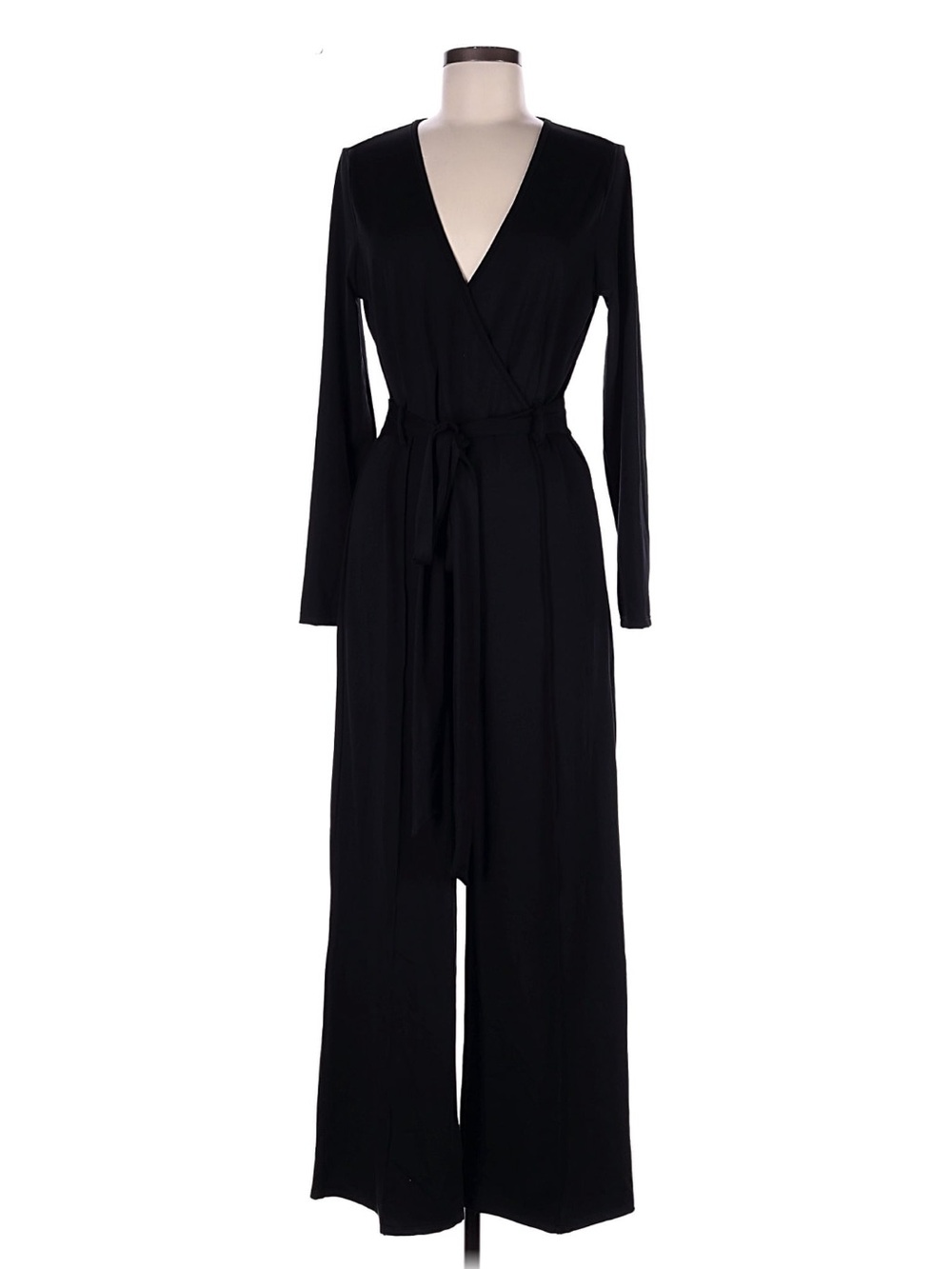 HALARA Black Wrap V-Neck Long Sleeve Jumpsuit with Tie Waist